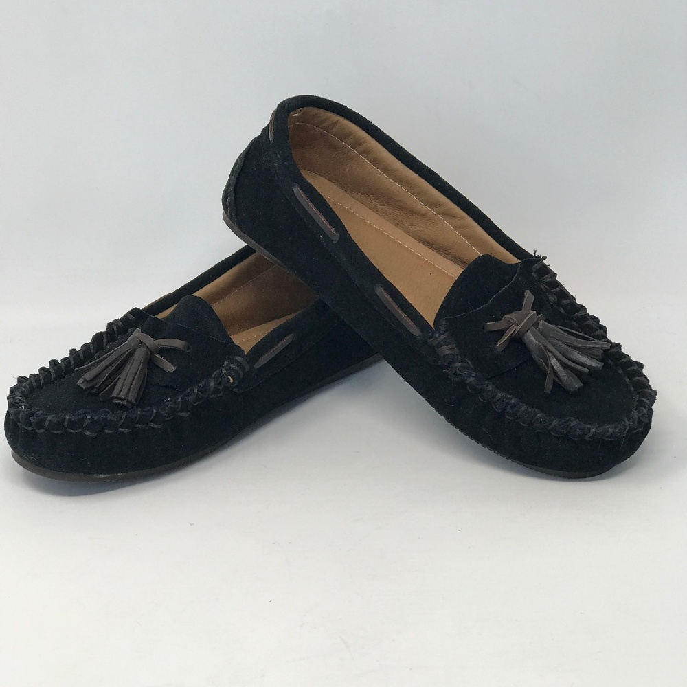 Lam Women's Size 9.5 Moccasin Loafer Shoes Black Suede Leather with BrownTassels